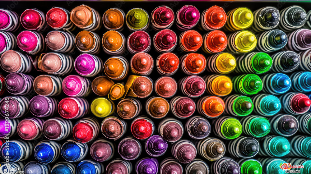 A vibrant collection of spray paint cans arranged in a rainbow spectrum on a shelf A vibrant collection of spray paint cans arranged in a rainbow spectrum on a shelf