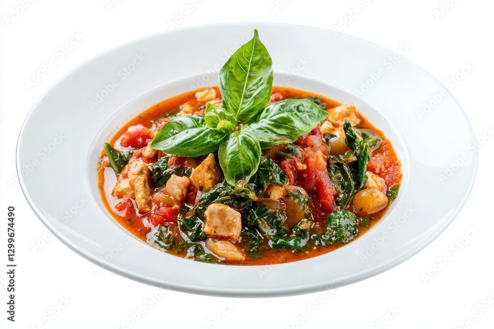 Delicious chicken stew with spinach and tomato sauce on plate close up fresh basil garnish culinary charm food blog Delicious chicken stew with spinach and tomato sauce on plate close up fresh basil garnish culinary charm food blog