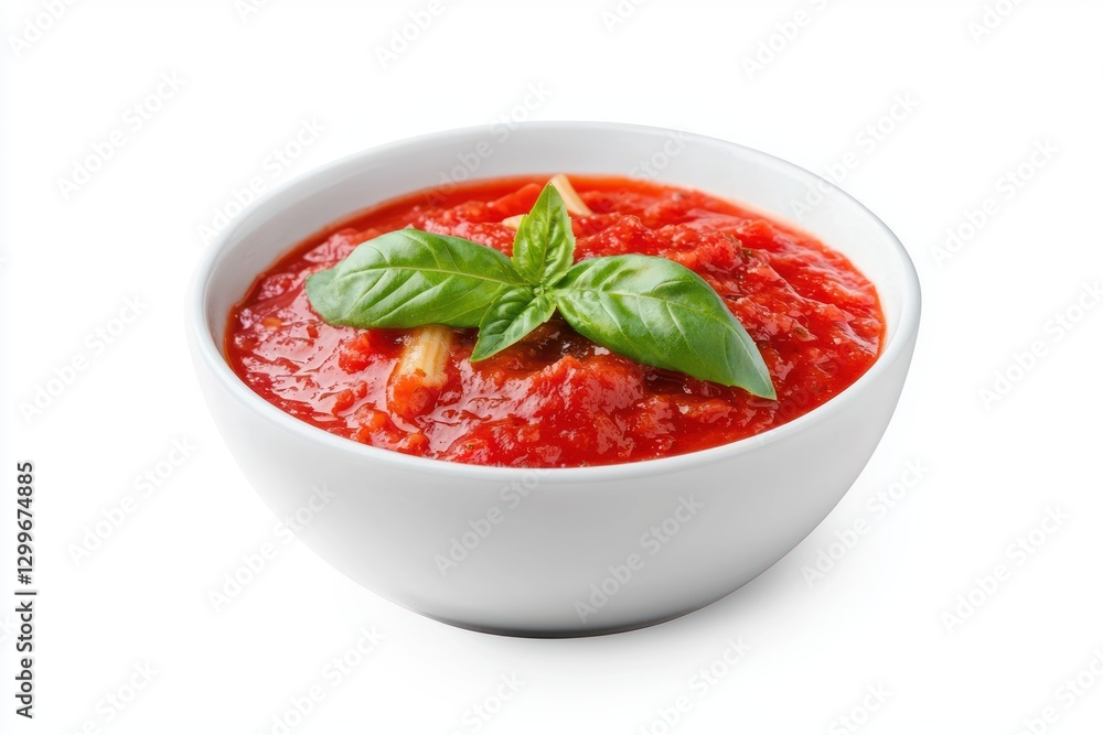Vibrant close up of red tomato sauce in white bowl with fresh basil against clean white background Vibrant close up of red tomato sauce in white bowl with fresh basil against clean white background