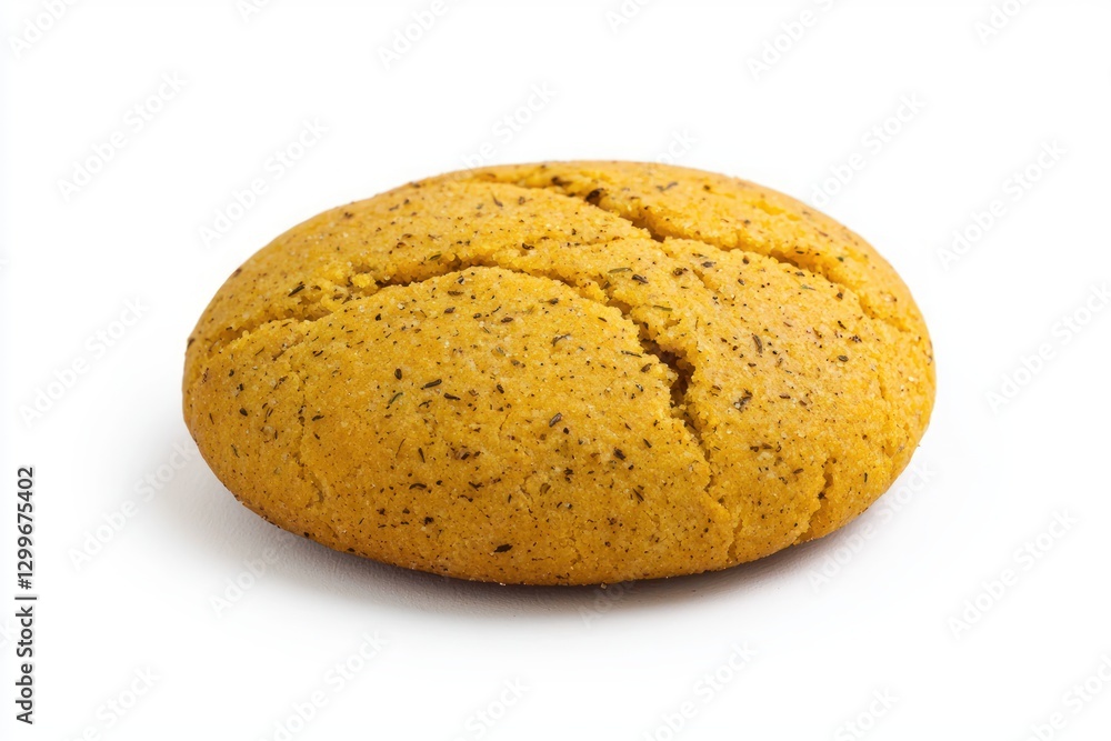 Delicious savory cornbread cookie in warm light on a white background enhancing its appetizing appeal Delicious savory cornbread cookie in warm light on a white background enhancing its appetizing appeal