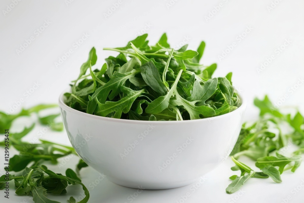 Fresh arugula leaves in a ceramic bowl on a white background offering a healthy and bright salad ingredient for vegan diets Fresh arugula leaves in a ceramic bowl on a white background offering a healthy and bright salad ingredient for vegan diets