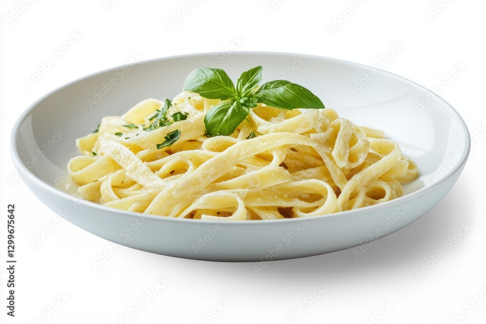 Creamy fettuccine pasta topped with fresh basil and parsley in a white bowl elegant food photography Creamy fettuccine pasta topped with fresh basil and parsley in a white bowl elegant food photography