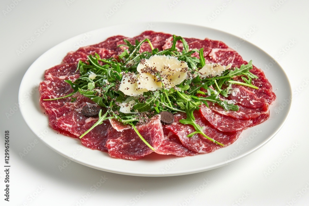Elevated presentation of thinly sliced beef carpaccio adorned with fresh arugula and delicate cheese flakes Elevated presentation of thinly sliced beef carpaccio adorned with fresh arugula and delicate cheese flakes