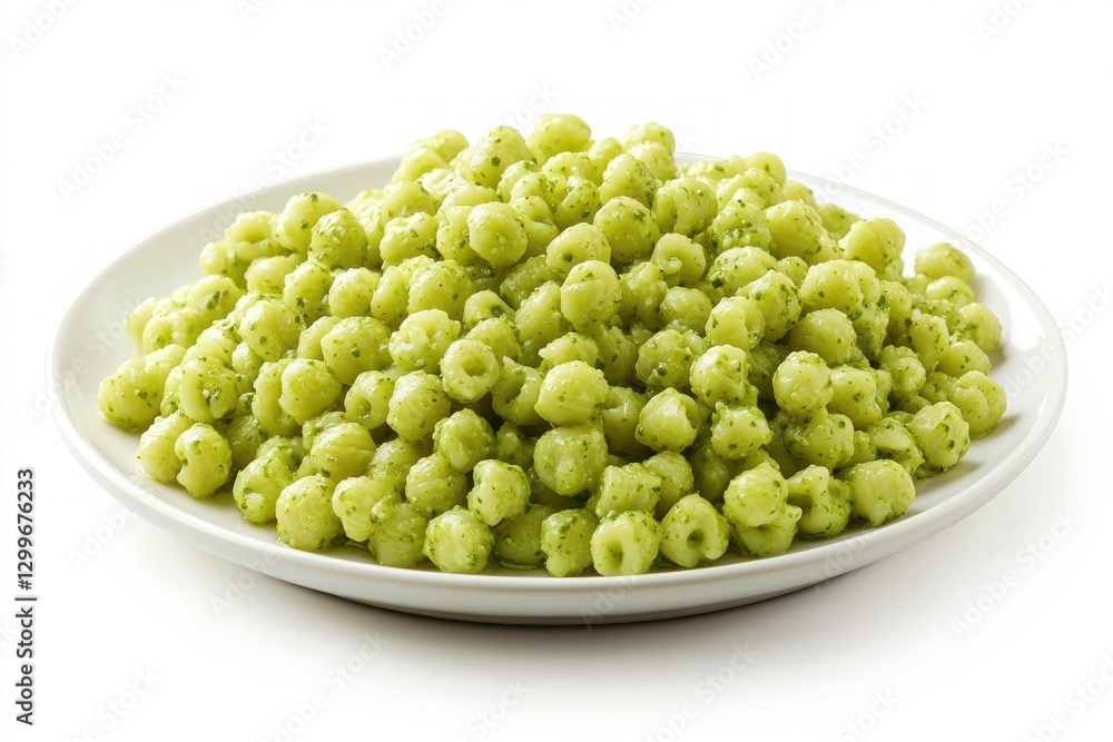 Fresh green gnocchi pasta in pesto sauce on white plate authentic Italian culinary closeup delicious shot Fresh green gnocchi pasta in pesto sauce on white plate authentic Italian culinary closeup delicious shot