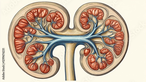 Detailed Anatomical Illustration of a Human Kidney with Internal Structure