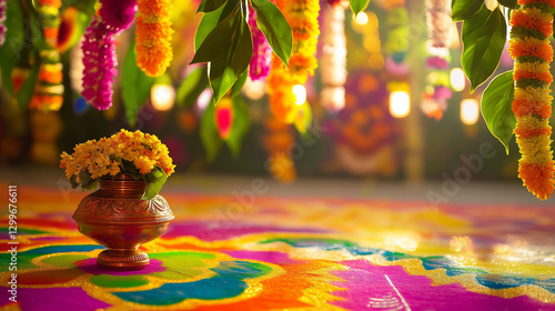 A vibrant Puthandu, Tamil New Year, celebration scene featuring colorful floral garlands, traditional rangoli art, brass pot with flowers, and warm festive lighting,