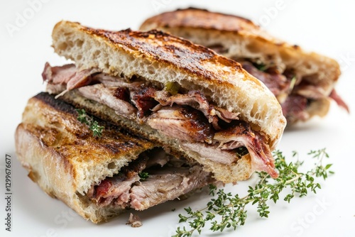 Wallpaper Mural Delicious grilled pork sandwich with thyme garnish on white blackground macro studio shot angled view Torontodigital.ca