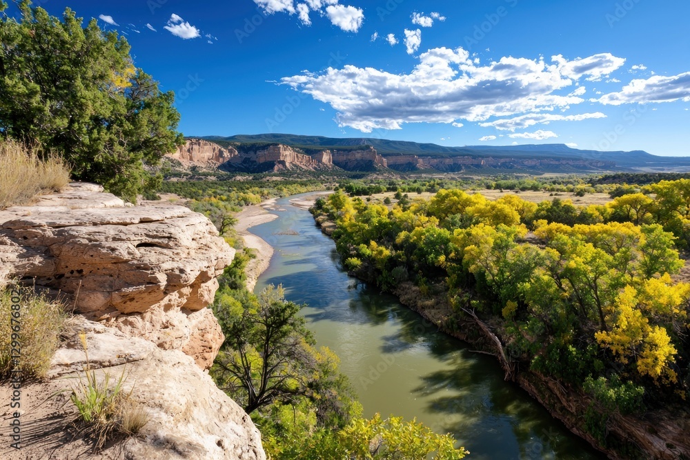 Rio Grande River and Vivid Landscape in New Mexico Cliffside Vista with Blue Sky and White Clouds Rio Grande River and Vivid Landscape in New Mexico Cliffside Vista with Blue Sky and White Clouds