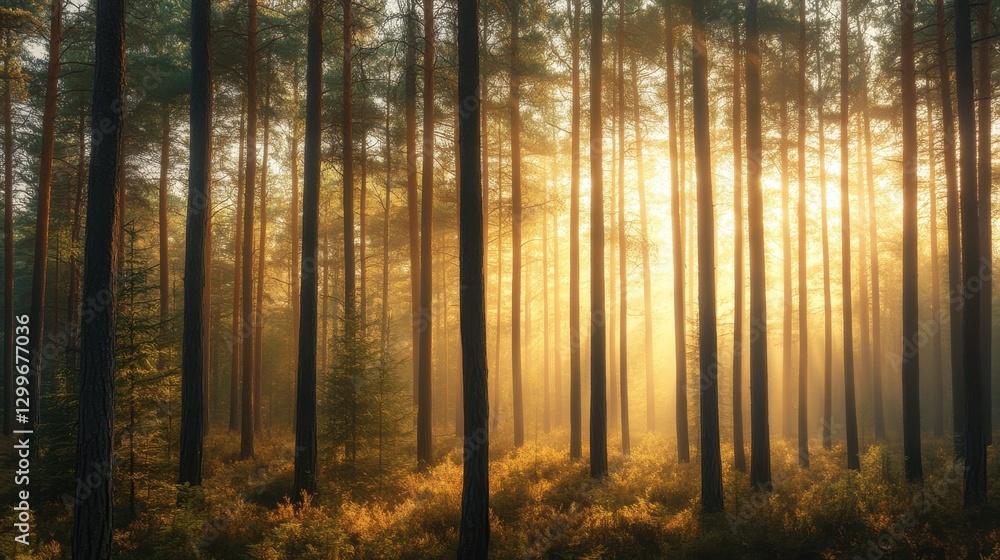 Obraz premium A dense pine forest covered in morning mist, with soft golden sunlight filtering through the tall trees.