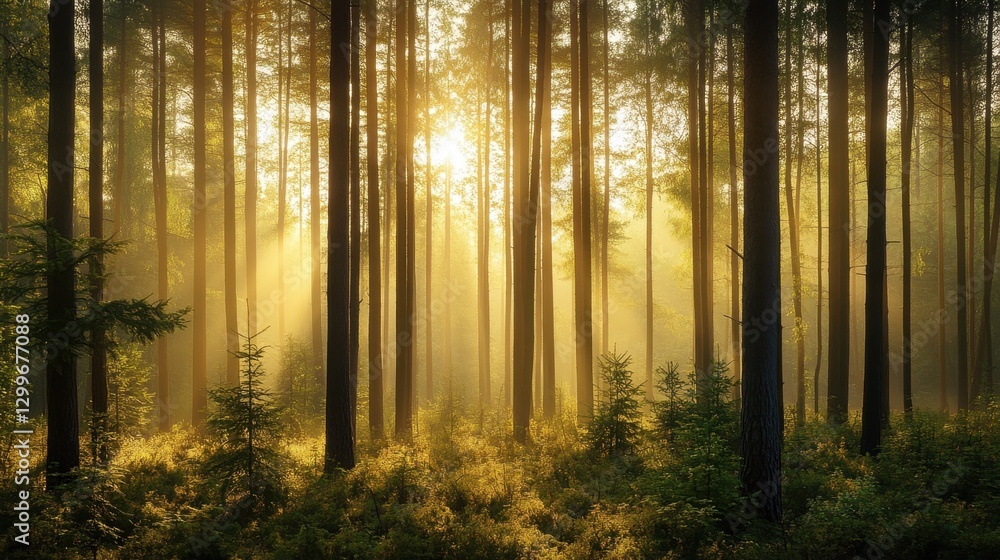 Obraz premium A dense pine forest covered in morning mist, with soft golden sunlight filtering through the tall trees.