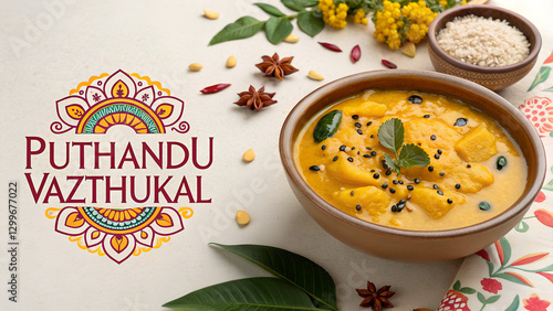 A warm and inviting Puthandu-themed greeting card featuring a bowl of traditional Mango Pachadi, festive spices, rice, neem leaves, and decorative floral patterns with the text 'Puthandu Vazthukal'.