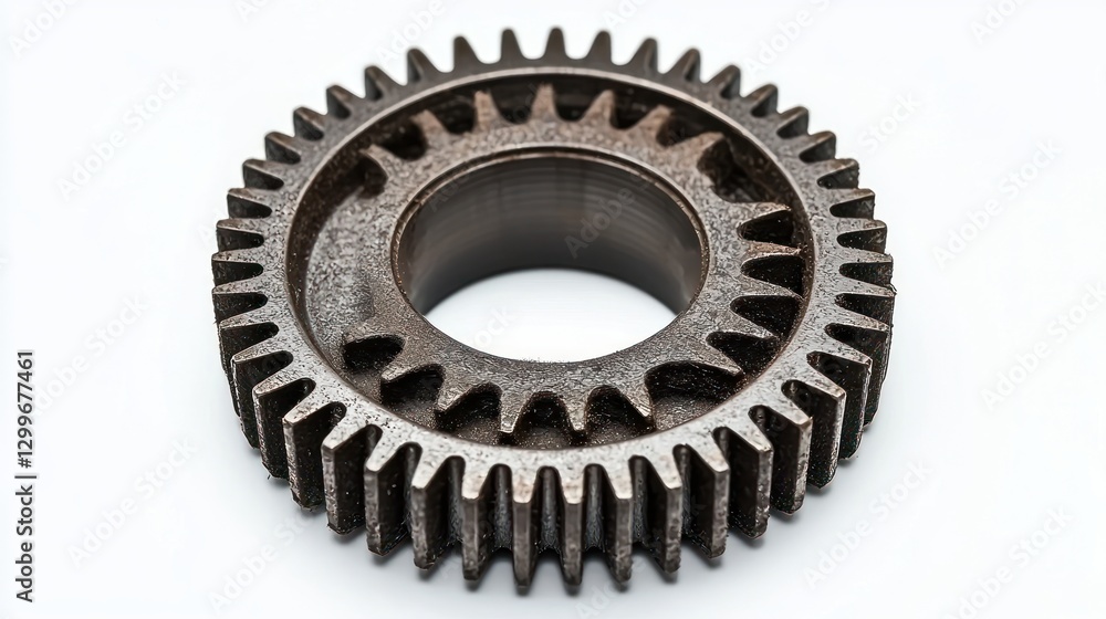 Industrial Metal Cogwheel Engineering Component on White Seamless Backdrop Macro Precision Details Industrial Metal Cogwheel Engineering Component on White Seamless Backdrop Macro Precision Details