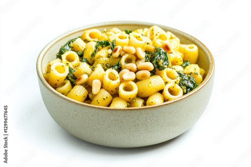 Close up bowl of rigatoni pasta with spinach pesto sauce pine nuts on white blackground appetizing cuisine Close up bowl of rigatoni pasta with spinach pesto sauce pine nuts on white blackground appetizing cuisine