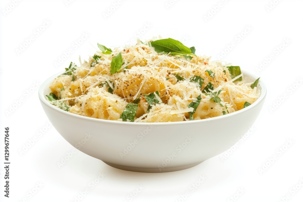 Delicious pasta dish with cheese and basil in a white bowl on a bright white background culinary scene Delicious pasta dish with cheese and basil in a white bowl on a bright white background culinary scene