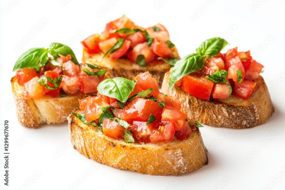 Fresh bruschetta with juicy tomatoes and aromatic basil on toasted bread in vibrant close up view Fresh bruschetta with juicy tomatoes and aromatic basil on toasted bread in vibrant close up view