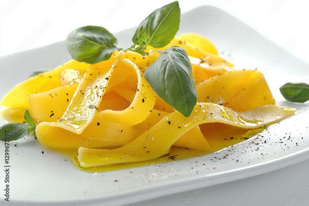 Appetizing butternut squash ribbons with basil leaves and a drizzle of olive oil on white square plate