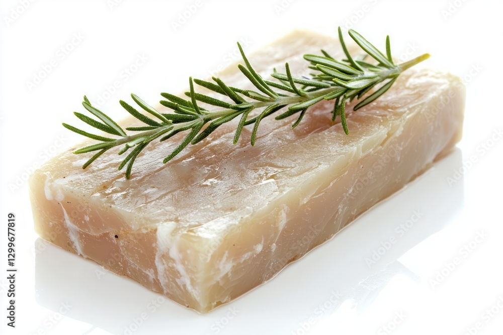 Fresh cod block with rosemary herb branch on glossy white surface culinary ingredient close up view Fresh cod block with rosemary herb branch on glossy white surface culinary ingredient close up view