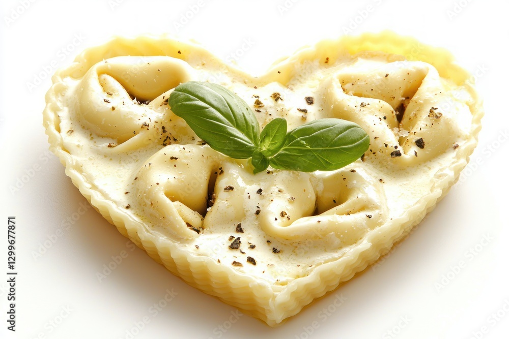 Heart Shaped Ravioli Pasta with Cream Sauce and Basil Garnished in Macro Food Photography Heart Shaped Ravioli Pasta with Cream Sauce and Basil Garnished in Macro Food Photography