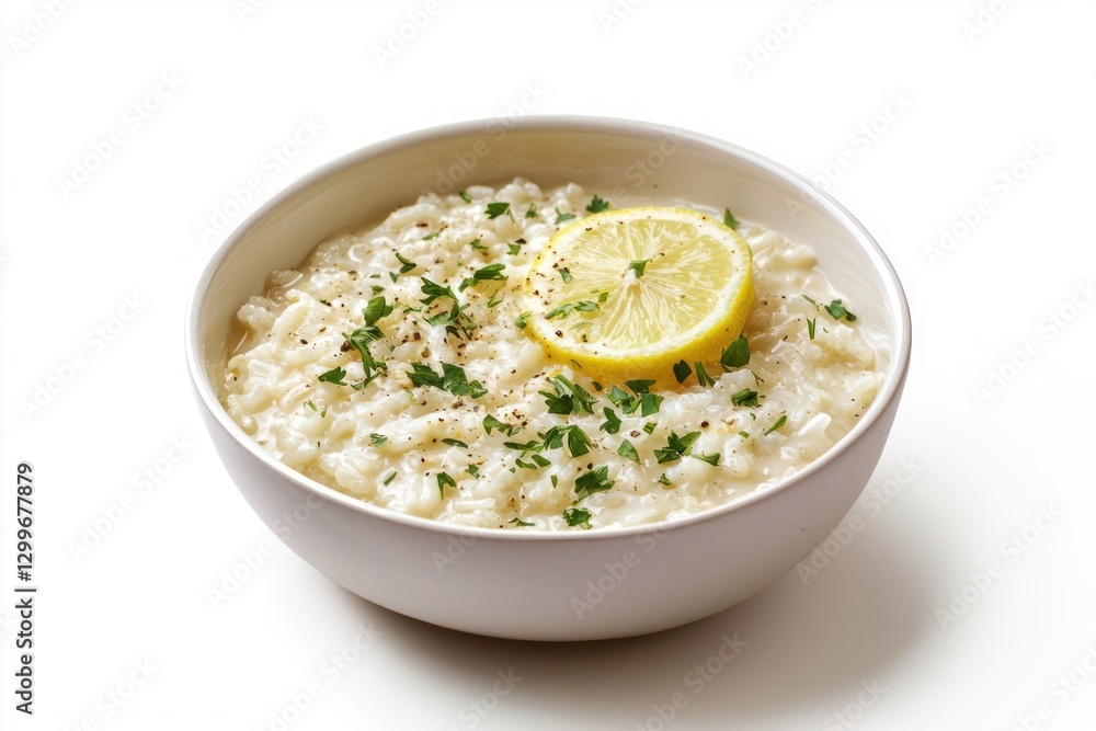 Appetizing Lemon Risotto Bowl with Herb Garnish on White Background Overhead Shot Appetizing Lemon Risotto Bowl with Herb Garnish on White Background Overhead Shot