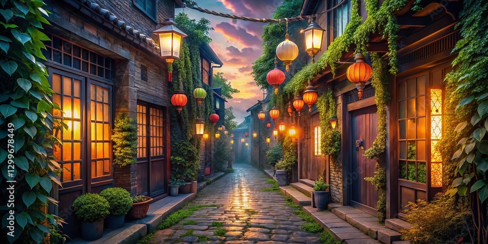Fototapeta premium Serene Anime Alleyway: Night Lanterns & Ivy Walls - Stock Photo