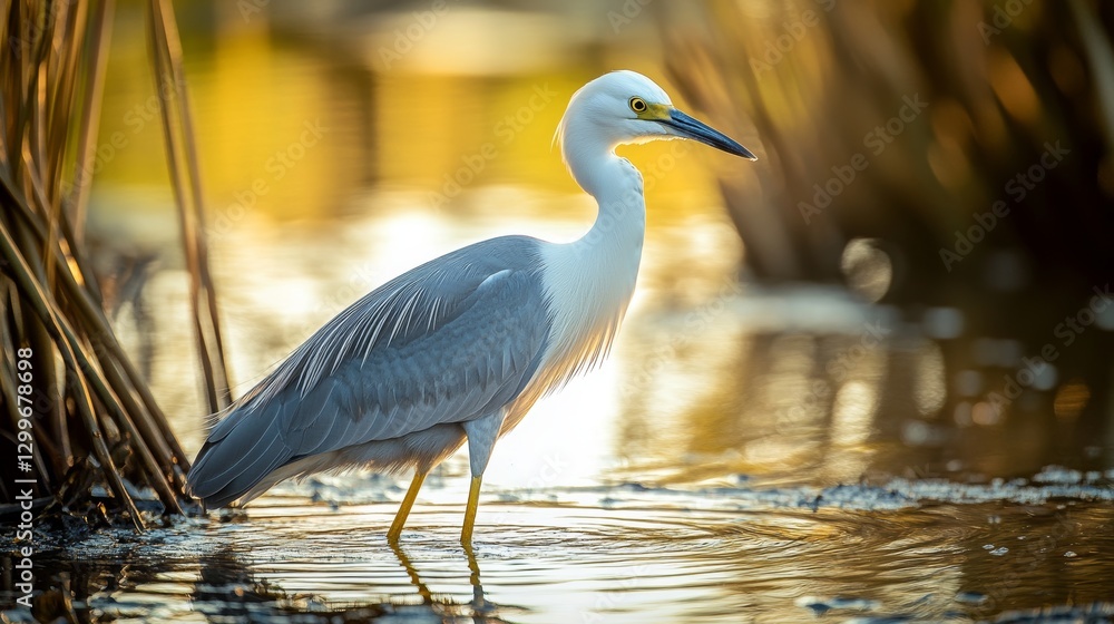 Naklejka premium Graceful egret wading in sunlit wetlands.