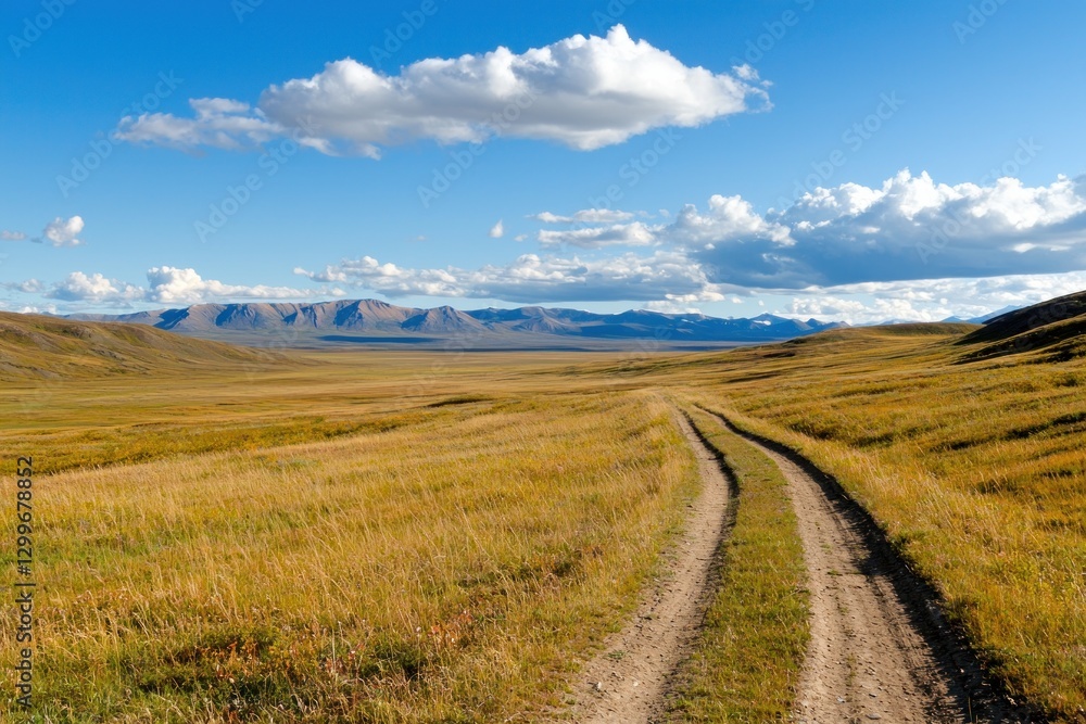 Fototapeta premium Serene golden grassland landscape under a blue sky featuring distant mountains and a rustic winding dirt path