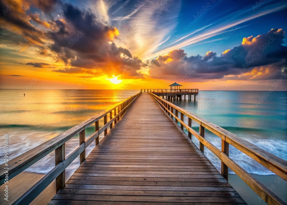 Obraz premium Serene Beach Pier at Sunset: Stunning Coastal Landscape Photography