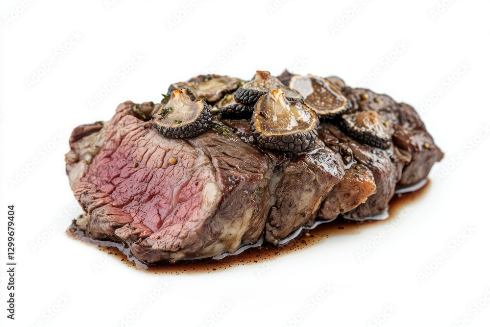 Delicious sirloin roast beef with sliced black truffle topping on a white background presented beautifully Delicious sirloin roast beef with sliced black truffle topping on a white background presented beautifully