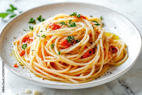 Appetizing angel hair pasta with diced tomatoes fresh herbs and grated cheese on a plate