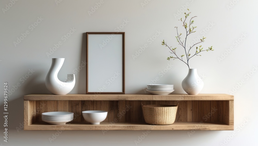 Empty frame mockup on small wooden shelf with decorative objects, poster frame mockup design, mockup frame Empty frame mockup on small wooden shelf with decorative objects, poster frame mockup design, mockup frame