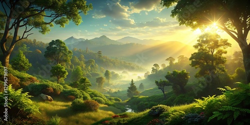 Serene Forest Hills Landscape: Sunlit Trees, Rolling Green Hills, Peaceful Nature Scene