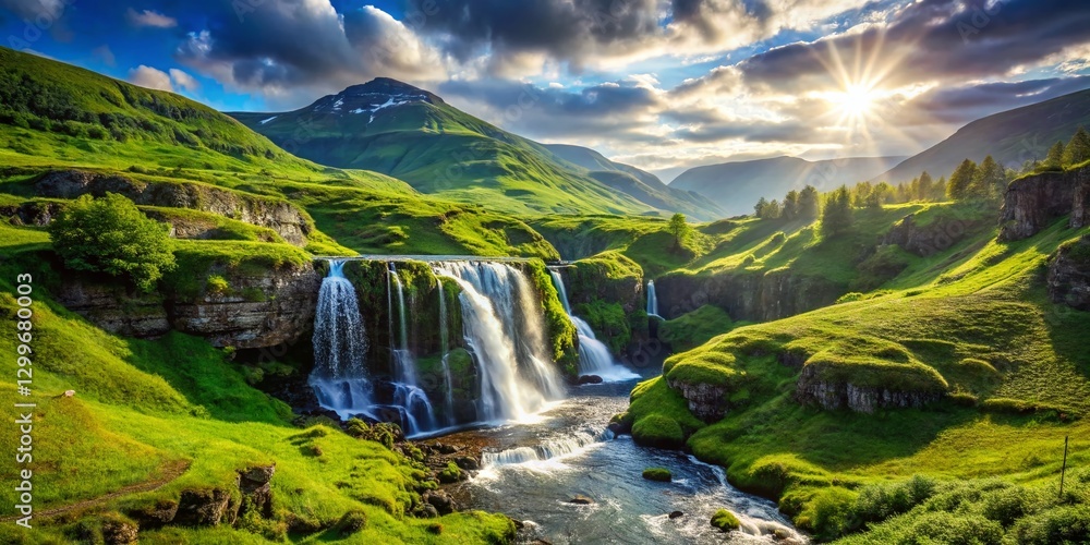 Fototapeta premium Serene Green Hills Waterfall Landscape - Stunning Nature Photography
