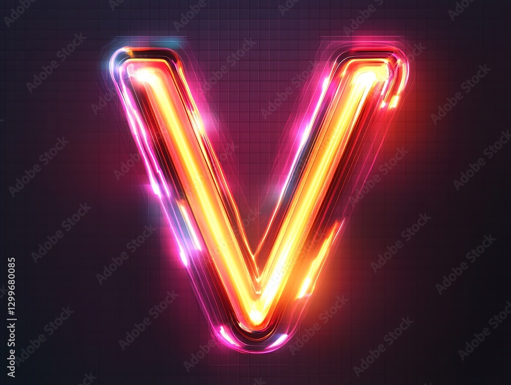 A brightly glowing neon letter V against a dark background A brightly glowing neon letter V against a dark background