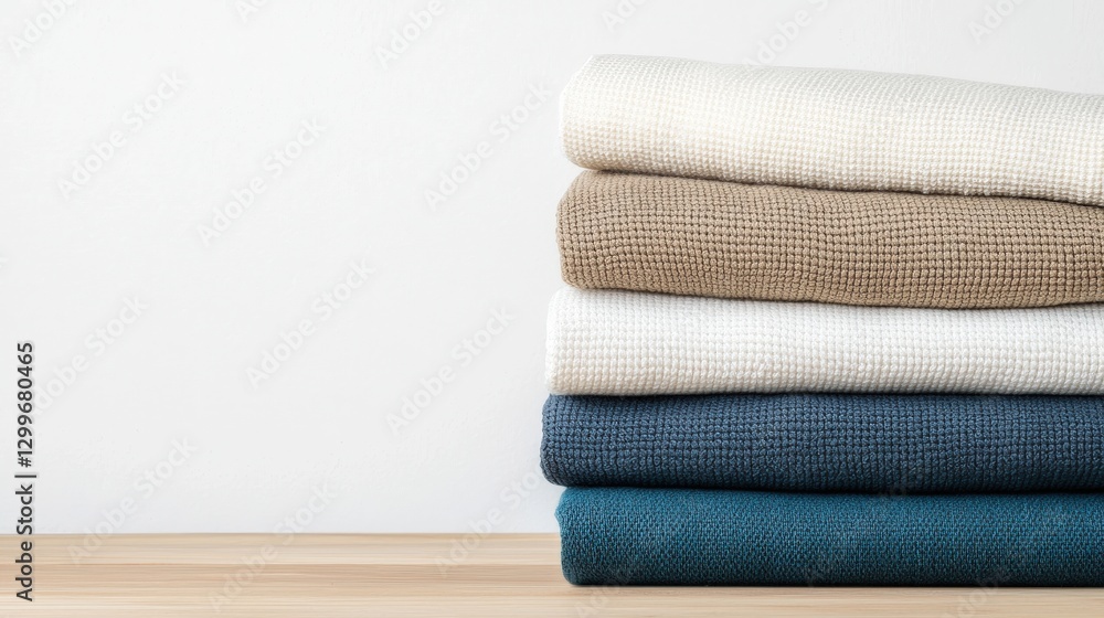 A cozy stack of soft and folded blankets neatly organized for easy access and comfort in a living space
