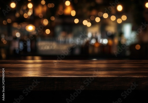 Dark wooden table top with blurred bar background.