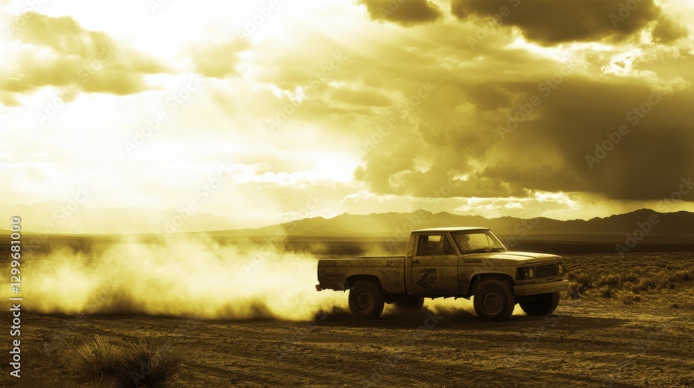 Fototapeta premium Truck Racing through Dusty Desert Terrain