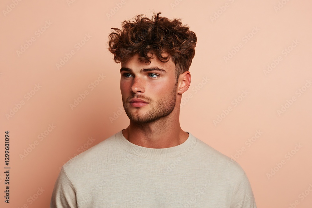 Fototapeta premium Stylish man beige pink soft-focus background