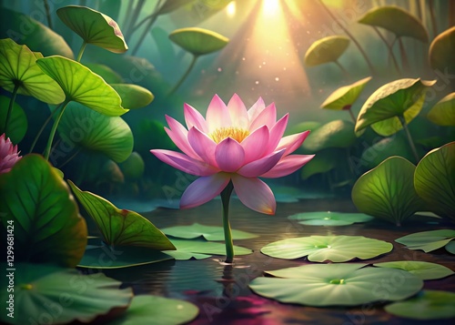 Serene Pink Lotus Blossom Amidst Vibrant Green Lily Pads - Peaceful Nature Stock Photo