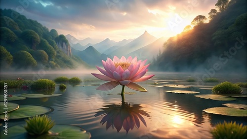 Serene Pink Lotus Flower in Peaceful Pond Landscape at Dawn