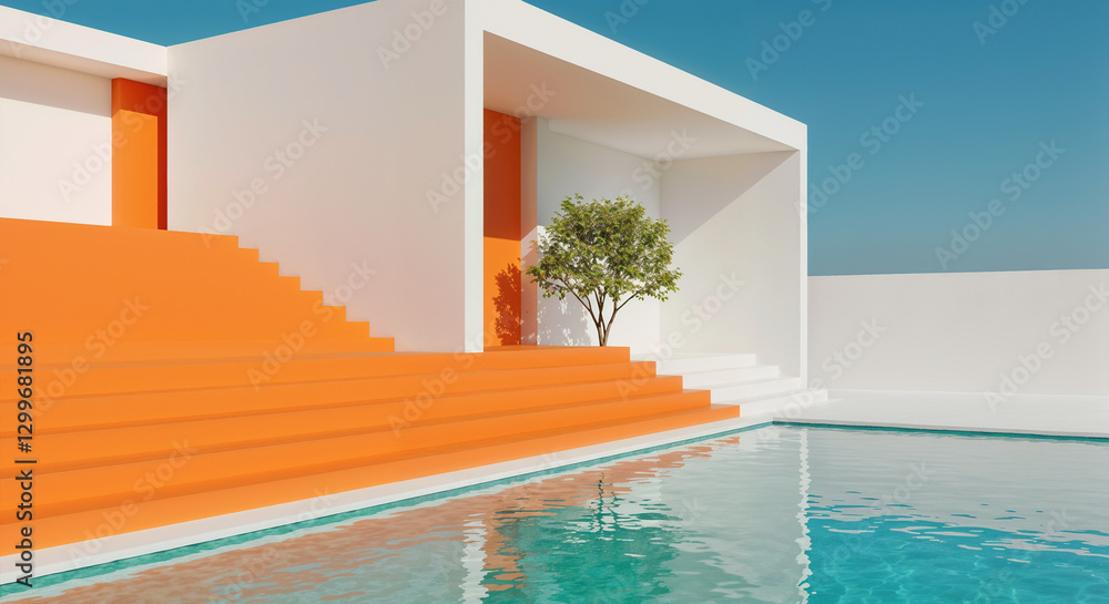Fototapeta premium Modern White Architecture With Orange Staircase And Turquoise Pool