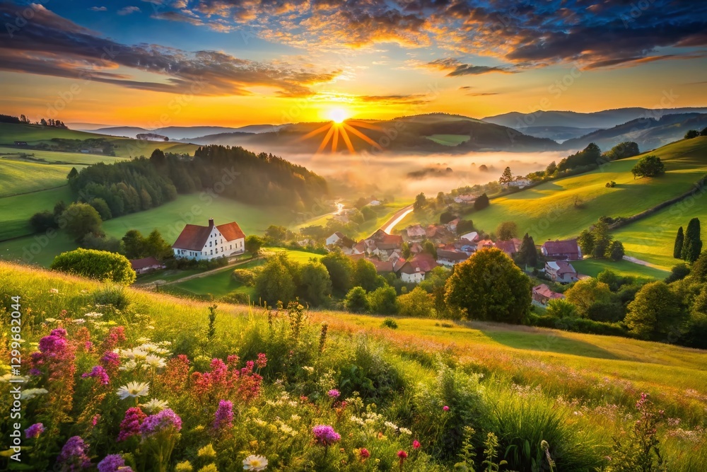 Fototapeta premium Serene Sunrise Landscape: Rolling Hills and Wildflowers near a French Countryside Village