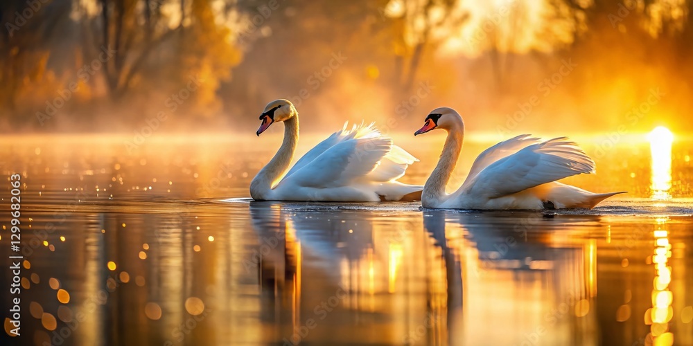 Fototapeta premium Serene Sunrise Swans: Graceful Birds on Calm Lake Aerial View