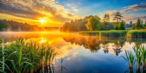 Serene Sunrise Lake: Reeds, Trees, Calm Water - Stock Photo