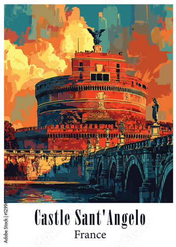 Vector Illustration of Castel Sant"Angelo in Rome with Dramatic Sky