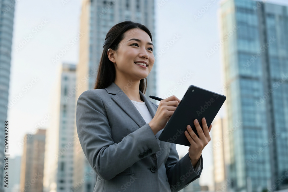 Confident Businesswoman Holding Tablet And Pen Against Modern Cityscape Confident Businesswoman Holding Tablet And Pen Against Modern Cityscape