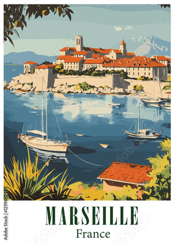 Marseille France Travel Poster Vector Illustration