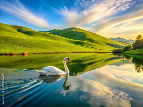 Serene Swan on Tranquil Lake with Rolling Hills - Peaceful Nature Landscape Photography