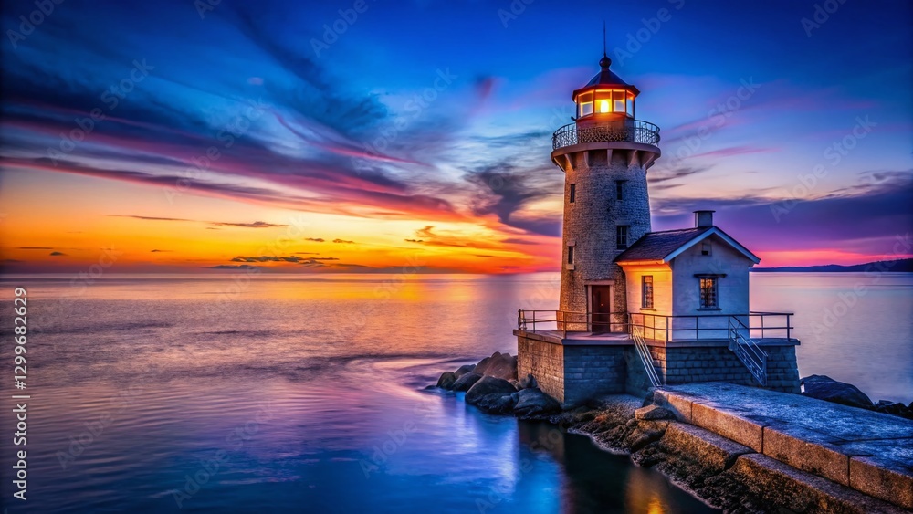 Serene Twilight: Classic Lighthouse on Tranquil Sea, Purple Sky Serene Twilight: Classic Lighthouse on Tranquil Sea, Purple Sky