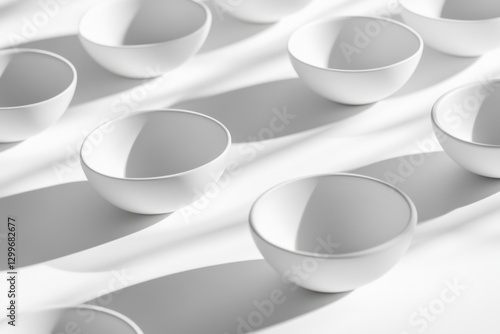 White Ceramic Bowls on Bright Surface with Soft Shadows and Light
