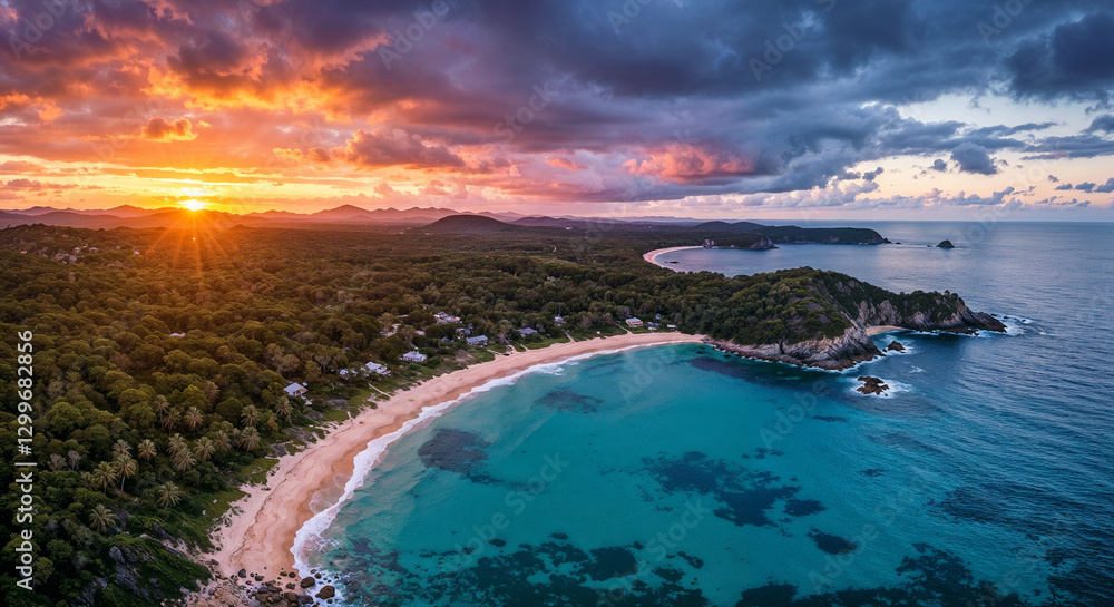 Fototapeta premium Tropical Paradise at Sunset – Aerial Coastal View